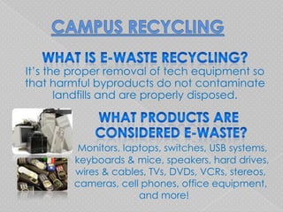 It’s the proper removal of tech equipment so
that harmful byproducts do not contaminate
       landfills and are properly disposed.



          Monitors, laptops, switches, USB systems,
         keyboards & mice, speakers, hard drives,
         wires & cables, TVs, DVDs, VCRs, stereos,
         cameras, cell phones, office equipment,
                       and more!
 