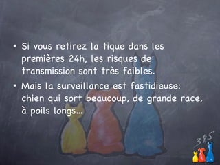 Si vous retirez la tique dans les premières 24h, les risques de transmission sont très faibles. Mais la surveillance est fastidieuse: chien qui sort beaucoup, de grande race, à poils longs… 
