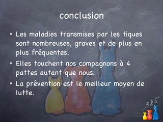 conclusion Les maladies transmises par les tiques sont nombreuses, graves et de plus en plus fréquentes. Elles touchent nos compagnons à 4 pattes autant que nous. La prévention est le meilleur moyen de lutte. 