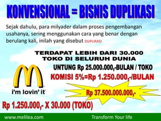 www.melilea.com Transform Your life
Sejak dahulu, para milyader dalam proses pengembangan
usahanya, sering menggunakan cara yang benar dengan
berulang kali, inilah yang disebut DUPLIKASI
 