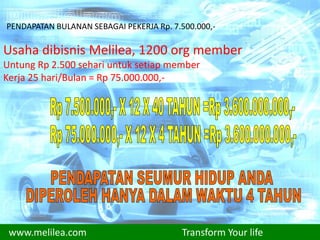 PENDAPATAN BULANAN SEBAGAI PEKERJA Rp. 7.500.000,-
Usaha dibisnis Melilea, 1200 org member
Untung Rp 2.500 sehari untuk setiap member
Kerja 25 hari/Bulan = Rp 75.000.000,-
www.melilea.com Transform Your life
 