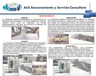 A&S Asesoramiento y Servicio-Consultora
MANTENIMIENTO
LIMPIEZA
EL OPERADOR LIMPIARA DIARIAMENTE EL EXTERIOR DE SU
MAQUINA CON UNA BROCHA ASI COMO TAMBIEN EL AREA DEL
GANCHO ESTO CON LA FINALIDAD DE EVITAR
ACUMULAMIENTO EXCESIVO DE PELUSA LA LIMPIEZA SE
REALIZARA AL FINALIZAR EL TURNO.
LUBRICACION
EL OPERADOR DEBERA LUBRICAR DIARIAMENTE SU MAQUINA
DOS VECES DURANTE EL TURNO, ESTO AL INICIAR Y A LA MITAD
DEL TURNO, SE LUBRICARAN TODOS LOS PUNTOS MARCADOS
CON ROJO EN SU MAQUINA EN LOS CUALES SE APLICARAN UNA
GOTA POR CADA PUNTO MARCADO CON ROJO EN EL AREA DEL
GANCHO SE LUBRICARAN DOS VECES POR TURNO, APLICANDO
DOS GOTAS ESTA LUBRCACION ES SUFICIENTE PARA MANTENER
EL DESEMPEÑO DE LA MAQUINA Y NO TENER ESCURRIMIENTOS
EXCESIVOS DE ACEITE.
TENSION ABAJA
1.-SE COMPROBARA QUE LA MAQUINA ESTA ENHEBRADA
CORRECTAMENTE TANTO ENHEBRADO SUPERIOR COMO INFERIOR.
2.-GIRARA LA PERILLA DE IZQUIERDA A DERECHA HASTA LOGRAR LA
TENSION DESEADA, SI YA GIRO DEMASIADO LA PERILLA Y NO SE VEN
RESULTADOS Y EL HILO SUPERIOR ESTA YA MUY APRETADO ESO INDICA
QUE EL HILO DE LA BOBINA ESTA DEMASIADO AJUSTADO, SE
PROCEDERA A AFLOJAR EL TORNILLO DE LA CANASTA O A PONER UNA
ESPONJA MAS DELGADA
AJUSTES
1.-EL OPERADOR COMPROBARA QUE LA MAQUINA ESTE ENHEBRADA
CORRECTAMENTE, TANTO ENHEBRADO INFERIOR COMO SUPERIOR.
2.-GIRARA LA PERILLA EN SENTIDO DE DERECHA A IZQUIERDA
HASTA LOGRAR LA TENSION DESEADA, SI YA GIRO DEMASIADO LA
PERILLA Y NO SE VEN RESULTADOS Y LA COSTURA ESTA FLOJA ESO
INDICA QUE EL HILO DE LA BOBINA ESTA DEMASIADO FLOJO Y SE
PROCEDERA A AJUSTAR EL TORNILLO DE LA CANASTA, O CAMBIAR LA
ESPONJA POR UNA NUEVA.
 