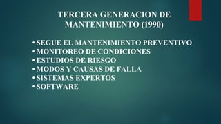 TERCERA GENERACION DE
MANTENIMIENTO (1990)
• SEGUE EL MANTENIMIENTO PREVENTIVO
• MONITOREO DE CONDICIONES
• ESTUDIOS DE RIESGO
• MODOS Y CAUSAS DE FALLA
• SISTEMAS EXPERTOS
• SOFTWARE
 