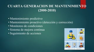 CUARTA GENERACION DE MANTENIMIENTO
(2000-2010)
• Mantenimiento predictivo
• Mantenimiento proactivo (detección y corrección)
• Monitoreo de condiciones
• Sistema de mejora continua
• Seguimiento de acciones
 