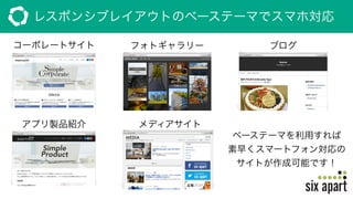 レスポンシブレイアウトのベーステーマでスマホ対応
コーポレートサイト フォトギャラリー ブログ
アプリ製品紹介 メディアサイト
ベーステーマを利用すれば
素早くスマートフォン対応の
サイトが作成可能です！
 