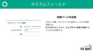 カスタムフィールド
投稿ページを拡張
ブログ、記事、ウェブページに追加フィールドを設定
可能です。
数の制限はありますが、ウェブサイト全体で共有する
ことなども可能です。
 