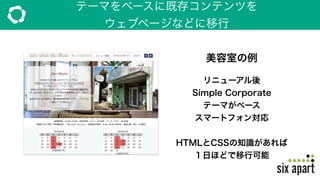 テーマをベースに既存コンテンツを
ウェブページなどに移行
リニューアル後
Simple Corporate
テーマがベース
スマートフォン対応
HTMLとCSSの知識があれば
１日ほどで移行可能
美容室の例
 
