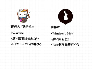 管理人 / 更新担当
・Windows
・黒い画面は使わない
・HTML＋CSSは書ける
制作者
・Windows / Mac
・黒い画面使う
・Web制作業務がメイン
 