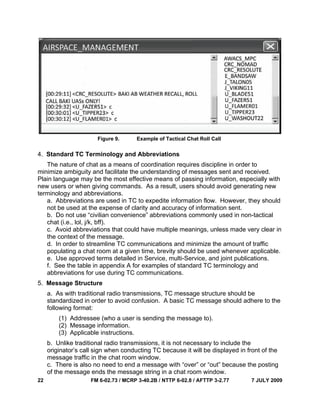 22 FM 6-02.73 / MCRP 3-40.2B / NTTP 6-02.8 / AFTTP 3-2.77 7 JULY 2009
Figure 9. Example of Tactical Chat Roll Call
4. Standard TC Terminology and Abbreviations
The nature of chat as a means of coordination requires discipline in order to
minimize ambiguity and facilitate the understanding of messages sent and received.
Plain language may be the most effective means of passing information, especially with
new users or when giving commands. As a result, users should avoid generating new
terminology and abbreviations.
a. Abbreviations are used in TC to expedite information flow. However, they should
not be used at the expense of clarity and accuracy of information sent.
b. Do not use “civilian convenience” abbreviations commonly used in non-tactical
chat (i.e., lol, j/k, bff).
c. Avoid abbreviations that could have multiple meanings, unless made very clear in
the context of the message.
d. In order to streamline TC communications and minimize the amount of traffic
populating a chat room at a given time, brevity should be used whenever applicable.
e. Use approved terms detailed in Service, multi-Service, and joint publications.
f. See the table in appendix A for examples of standard TC terminology and
abbreviations for use during TC communications.
5. Message Structure
a. As with traditional radio transmissions, TC message structure should be
standardized in order to avoid confusion. A basic TC message should adhere to the
following format:
(1) Addressee (who a user is sending the message to).
(2) Message information.
(3) Applicable instructions.
b. Unlike traditional radio transmissions, it is not necessary to include the
originator’s call sign when conducting TC because it will be displayed in front of the
message traffic in the chat room window.
c. There is also no need to end a message with “over” or “out” because the posting
of the message ends the message string in a chat room window.
 
