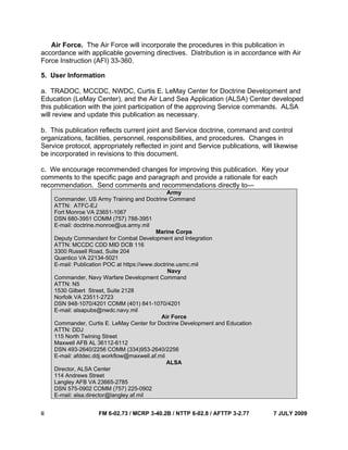 ii FM 6-02.73 / MCRP 3-40.2B / NTTP 6-02.8 / AFTTP 3-2.77 7 JULY 2009
Air Force. The Air Force will incorporate the procedures in this publication in
accordance with applicable governing directives. Distribution is in accordance with Air
Force Instruction (AFI) 33-360.
5. User Information
a. TRADOC, MCCDC, NWDC, Curtis E. LeMay Center for Doctrine Development and
Education (LeMay Center), and the Air Land Sea Application (ALSA) Center developed
this publication with the joint participation of the approving Service commands. ALSA
will review and update this publication as necessary.
b. This publication reflects current joint and Service doctrine, command and control
organizations, facilities, personnel, responsibilities, and procedures. Changes in
Service protocol, appropriately reflected in joint and Service publications, will likewise
be incorporated in revisions to this document.
c. We encourage recommended changes for improving this publication. Key your
comments to the specific page and paragraph and provide a rationale for each
recommendation. Send comments and recommendations directly to—
Army
Commander, US Army Training and Doctrine Command
ATTN: ATFC-EJ
Fort Monroe VA 23651-1067
DSN 680-3951 COMM (757) 788-3951
E-mail: doctrine.monroe@us.army.mil
Marine Corps
Deputy Commandant for Combat Development and Integration
ATTN: MCCDC CDD MID DCB 116
3300 Russell Road, Suite 204
Quantico VA 22134-5021
E-mail: Publication POC at https://www.doctrine.usmc.mil
Navy
Commander, Navy Warfare Development Command
ATTN: N5
1530 Gilbert Street, Suite 2128
Norfolk VA 23511-2723
DSN 948-1070/4201 COMM (401) 841-1070/4201
E-mail: alsapubs@nwdc.navy.mil
Air Force
Commander, Curtis E. LeMay Center for Doctrine Development and Education
ATTN: DDJ
115 North Twining Street
Maxwell AFB AL 36112-6112
DSN 493-2640/2256 COMM (334)953-2640/2256
E-mail: afddec.ddj.workflow@maxwell.af.mil
ALSA
Director, ALSA Center
114 Andrews Street
Langley AFB VA 23665-2785
DSN 575-0902 COMM (757) 225-0902
E-mail: alsa.director@langley.af.mil
 