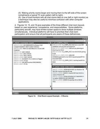 7 JULY 2009 FM 6-02.73 / MCRP 3-40.2B / NTTP 6-02.8 / AFTTP 3-2.77 31
(5) Making priority rooms larger and moving them to the left side of the screen
compliments a typical TC scan pattern (left to right).
(6) Use of dual monitors with all chat rooms tiled on one (left or right monitor) as
a technique may also be useful to minimize confusion with other computer
applications.
d. Figures 14, 15, and 16 give examples of the three different chat room layouts
based on user experience, competence, and responsibilities. Some platforms,
particularly aircraft, may have limited screen space to show multiple windows
simultaneously. Individual platforms will have to prioritize their chat room
participation and ensure that all participants are aware of these deficiencies.
Figure 14. Chat Room Layout Example – 3 Rooms
 