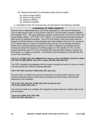 40 FM 6-02.73 / MCRP 3-40.2B / NTTP 6-02.8 / AFTTP 3-2.77 7 JULY 2009
(6) Passing information to coordinate surface fires to include:
(a) Point of origin (POO).
(b) Point of impact (POI).
(c) Maximum altitude.
(d) Airspace impacted.
b. Examples of how TC enhances fires are described in the following vignettes.
CLEARANCE OF FIRES VIGNETTE
Ground units in Afghanistan were commonly separated by more than 90 kilometers.
Line-of-sight issues made TC the primary method of communication between battalion
and brigade TOCs. The radio telephone operator would monitor a minimum of four chat
rooms (battle captain, CJTF Fires, CJTF ASOC, and combined joint special operations
task force) for significant activities. The CJTF and division chat rooms were used for
clearance of fires between unit boundaries above the battalion level and into numerous
CJTF-owned areas in support of extremely long convoys and air-assault operations.
Rather than contacting several agencies via radio or telephone and taking several
minutes to initiate fire missions on a fleeing target or in the middle of a TIC, unit fire
support elements used TC rooms to request fires and deconflict airspace required for
the mission in a matter of seconds. An example of this transaction would look like this
in the Fires Chat Room:
“[03:31:27] <2/1BDE_BAE_FSE> IMMEDIATE Fire Mission, POO, Grid 28M MC 13245 24512, Killbox
32AY1SE, POI GRID 28M MC 14212 26114, Killbox 32AY3NE, MAX ORD 8.5K”
The CRC controller acknowledges the fire mission request and works to move or restrict
manned aircraft from affected airspace/altitudes.
“[03:31:28] <CRC_Resolute> 2/1BDE_BAE_FSE, stby wkng”
Once the CRC controller has issued all restrictions, moved aircraft if required, and
sanitized affected airspace using radar awareness from their scope, they provide
clearance to the requester.
“[03:31:57] <CRC_Resolute> 2/1BDE_BAE_FSE, Resolute all clear”
“[03:32:04] <2/1BDE_BAE_FSE> c”
Once the fire mission is complete, the brigade fire support element notifies users of the
end of mission.
“[03:41:23] <2/1BDE_BAE_FSE> EOM
“[03:41:31] <CRC_Resolute> c”
 