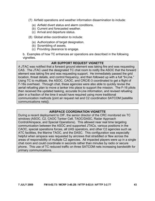 7 JULY 2009 FM 6-02.73 / MCRP 3-40.2B / NTTP 6-02.8 / AFTTP 3-2.77 43
(7) Airfield operations and weather information dissemination to include:
(a) Airfield divert status and alarm conditions.
(b) Current and forecasted weather.
(c) Arrival and departure status.
(8) Global strike coordination to include:
(a) Authorization of target designation.
(b) Scrambling of assets.
(c) Providing clearance to engage.
b. Examples of how TC enhances air operations are described in the following
vignettes.
AIR SUPPORT REQUEST VIGNETTE
A JTAC was notified that a forward ground element was taking fire and was requesting
CAS. The JTAC used the designated TC chat room to notify the ASOC that the forward
element was taking fire and was requesting support. He immediately passed the grid
location, threat details, and control frequency, and then followed up with a full “9-Line.”
Using TC to multitask, the ASOC, CAOC, and CRC/E-3 coordinated to get a flight of
F-16s overhead. Through chat, these agencies were also able to quickly revise the
aerial refueling plan to move a tanker into place to support the mission. The F-16 pilots
then received the updated tasking, accurate 9-Line information, and revised refueling
plan in a fraction of the time it would have required using more traditional
communication methods (joint air request net and C2 coordination SATCOM [satellite
communications nets]).
AIRSPACE COORDINATION VIGNETTE
During a recent deployment to OIF, the senior director of the CRC monitored six TC
windows (ASOC, C2, CAOC Tanker Cell, TAOC/DASC, Radar Approach
Control/Airspace, and Special Operations). This allowed near real time targeting
communication between the ASOC and supported JTACs, various positions in the
CAOC, special operations forces, all UAS operators, and other C2 agencies such as
ATC facilities, the Marine TAOC, and the DASC. This configuration was especially
helpful when airspace was requested by aircrews that straddled or flew across the
areas of responsibility of multiple C2 agencies. All impacted players were up in a single
chat room and could coordinate in seconds rather than minutes by radio or secure
phone. This use of TC reduced traffic on three SATCOM nets increasing bandwidth for
primary communications.
 