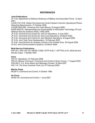 7 JULY 2009 FM 6-02.73 / MCRP 3-40.2B / NTTP 6-02.8 / AFTTP 3-2.77 71
REFERENCES
Joint Publications
JP 1-02, Department of Defense Dictionary of Military and Associated Terms. 12 April
2001.
CJCSI 3151.01B. Global Command and Control System Common Operational Picture
Reporting Requirements, 31 October 2008.
CJCSM 3500.04E, Universal Joint Task Manual, 25 August 2008.
DoDD 4630.05, Interoperability and Supportability of Information Technology (IT) and
National Security Systems (NSS), 5 May 2004.
JP 3-30, Command and Control for Joint Air Operations, 5 June 2003.
JP 3-31, Command and Control for Joint Land Operations, 23 March 2004.
JP 3-32, Command and Control for Joint Maritime Operations, 8 August 2006.
JP 3-33, Joint Task Force Headquarters, 16 February 2007.
JP 3-52, Joint Doctrine for Airspace Control in the Combat Zone, 30 August 2004.
JP 6-0, Joint Communications Systems, 20 March 2006.
Multi-Service Publications
FM1-02.1 (FM 3-54.10) / MCRP 3-25B / NTTP 6-02.1 / AFTTP(I) 3-2.5, Multi-Service
Brevity Codes. 1 October 2007.
Army
FM 3-0, Operations, 27 February 2008.
FM 6-0, Mission Command: Command and Control of Army Forces, 11 August 2003.
FM 6-99.2, U.S. Army Report and Message Formats, 30 April 2007.
FM 7-15, The Army Universal Task List, 27 February 2009.
Marine Corps
MCDP 6, Command and Control, 4 October 1996.
Air Force
AFDD 2-8, Command and Control, 1 June 2007.
 