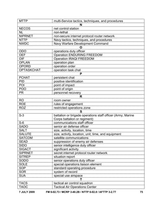 7 JULY 2009 FM 6-02.73 / MCRP 3-40.2B / NTTP 6-02.8 / AFTTP 3-2.77 75
MTTP multi-Service tactics, techniques, and procedures
N
NECOS net control station
NL non-lethal
NIPRNET non-secure internet protocol router network
NTTP Navy tactics, techniques, and procedures
NWDC Navy Warfare Development Command
O
ODO operations duty officer
OEF Operation ENDURING FREEDOM
OIF Operation IRAQI FREEDOM
OPLAN operation plan
OPORD operation order
OPTASKCHAT operation task chat
P
PCHAT persistent chat
PID positive identification
POI point of impact
POO point of origin
PR personnel recovery
R
RO room owner
ROE rules of engagement
ROZ restricted operations zone
S
S-3 battalion or brigade operations staff officer (Army; Marine
Corps battalion or regiment)
S-6 communications staff officer
SADO senior air defense officer
SALT size, activity, location, time
SALUTE size, activity, location, unit, time, and equipment
SATCOM satellite communications
SEAD suppression of enemy air defenses
SIDO senior intelligence duty officer
SIGACT significant activity
SIPRNET secret internet protocol router network
SITREP situation report
SODO senior operations duty officer
SOLE special operations liaison element
SOP standard operating procedure
SOR system of record
SUA special use airspace
T
TACS tactical air control squadron
TAOC Tactical Air Operations Center
 