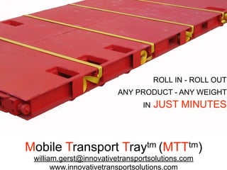 ROLL IN - ROLL OUT
                         ANY PRODUCT - ANY WEIGHT
                                IN   JUST MINUTES



Mobile Transport Traytm (MTTtm)
 william.gerst@innovativetransportsolutions.com
       www.innovativetransportsolutions.com
 