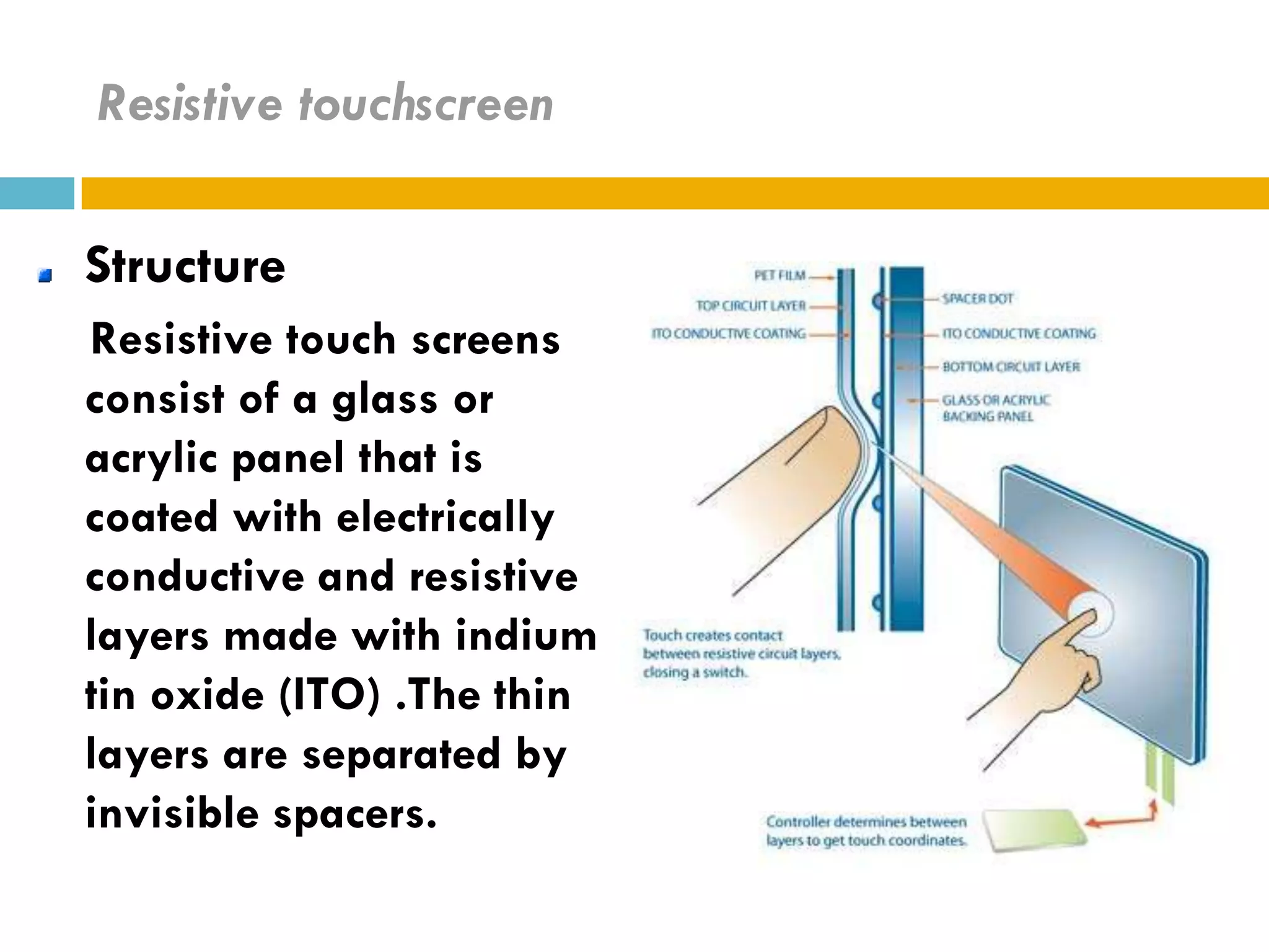 Resistive touchscreen

Structure
Resistive touch screens
consist of a glass or
acrylic panel that is
coated with electrically
conductive and resistive
layers made with indium
tin oxide (ITO) .The thin
layers are separated by
invisible spacers.
 