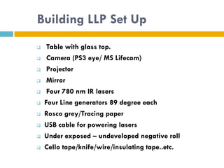 Building LLP Set Up
    Table with glass top.
    Camera (PS3 eye/ MS Lifecam)
    Projector
    Mirror
    Four 780 nm IR lasers
   Four Line generators 89 degree each
   Rosco grey/Tracing paper
   USB cable for powering lasers
   Under exposed – undeveloped negative roll
   Cello tape/knife/wire/insulating tape..etc.
 