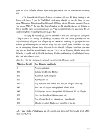 27
giảm sút rõ rệt. Tiếng ồn nếu quá mạnh có thể gây chói tai, đau tai, thậm chí làm đứt màng
nhĩ.
- Tác dụng đối với thông tin: Ở những nơi quá ồn, việc trao đổi thông tin cũng bị ảnh
hưởng chất lượng. Ở mức ồn 70 dB là đã có tác động xấu đối với trao đổi thông tin công
cộng. Mức cường độ âm thanh lớn nhất mà có thể không gây tác động đến trao đổi thông tin
vào khoảng 55dB. Ví dụ, trạm điện thoại công cộng nếu đặt gần nhà máy xay xát thì tiếng ồn
lớn sẽ làm khó nghe, không ai muốn đến gọi. Việc trao đổi thông tin rất quan trọng đối với
cácdoanh nghiệp, trong công tác quản lý, giáo dục.
- Tác dụng đối với thể lực, đối với tâm thần và hiệu quả làm việc của con người:
Tiếng ồn còn có thể làm suy yếu về thể lực, suy nhược thần kinh và làm giảm hiệu quả làm
việc đối với một số người. Nếu tiếng ồn đạt tới 100 dB thì nó không chỉ gây bệnh tâm thần
mà còn gây tổn thương đối với phần tai trong. Đặc biệt, một số người có thể khó chịu ngay
cả với những tiếng thầm thì, hoặc tiếng tích tắc của đồng hồ. Tiếng ồn có thể làm gián đoạn
suy nghĩ, do đó sẽ làm giảm hiệu quả công tác. Tất cả các tác động này dẫn đến những biểu
hiện xấu về tâm lý, sinh lý, bệnh lý, ảnh hưởng đến hiệu quả lao động, có nghĩa là ảnh hưởng
đến cuộc sống của con người.
Bảng 2.5. Tác hại của tiếng ồn cường độ cao đối với sức khoẻ con người.
Mức tiếng ồn (dB) Tác động đến ngƣời nghe
0
100
110
120
130 –135
140
145
150
160
190
Ngưỡng nghe thấy
Bắt đầu làm đổi nhịp đập tim
Kích thích mạnh màng nhĩ
Ngưỡng chói tai
Gây bệnh thần kinh và nôn mửa, làm yếu xúc giác và cơ bắp
Đau chói tai, nguyên nhân gây bệnh mất trí , điên.
Giới hạn cực hạn mà con người có thể chịu được đối với tiếng ồn
Nếu chịu đựng lâu sẽ bị thủng màng nhĩ.
Nếu tiếp xúc lâu sẽ gây hậu quả nguy hiểm lâu dài.
Chỉ cần tiếp xúc ít đã gây nguy hiểm lớn và lâu dài.
1.4.4 Quy chuẩn kỹ thuật quốc gia về quản lý chất lượng môi trường đất (trình chiếu
slide files QCVN)
 