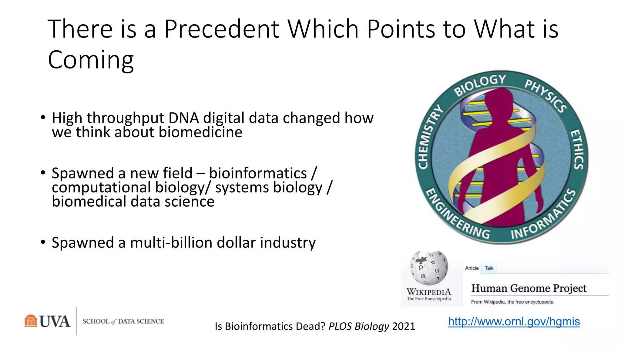 There is a Precedent Which Points to What is
Coming
http://www.ornl.gov/hgmis
• High throughput DNA digital data changed how
we think about biomedicine
• Spawned a new field – bioinformatics /
computational biology/ systems biology /
biomedical data science
• Spawned a multi-billion dollar industry
Is Bioinformatics Dead? PLOS Biology 2021
 