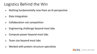 Logistics Behind the Win
● Nothing fundamentally new from an AI perspective
● Data Integration
● Collaboration not competition
● Engineering challenge beyond most labs
● Compute power beyond most labs
● Team size beyond most labs
● Worked with protein structure specialists
 