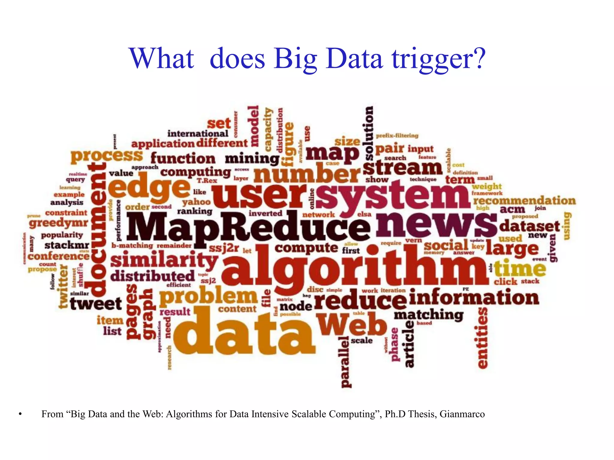 What does Big Data trigger?
• From “Big Data and the Web: Algorithms for Data Intensive Scalable Computing”, Ph.D Thesis, Gianmarco
 