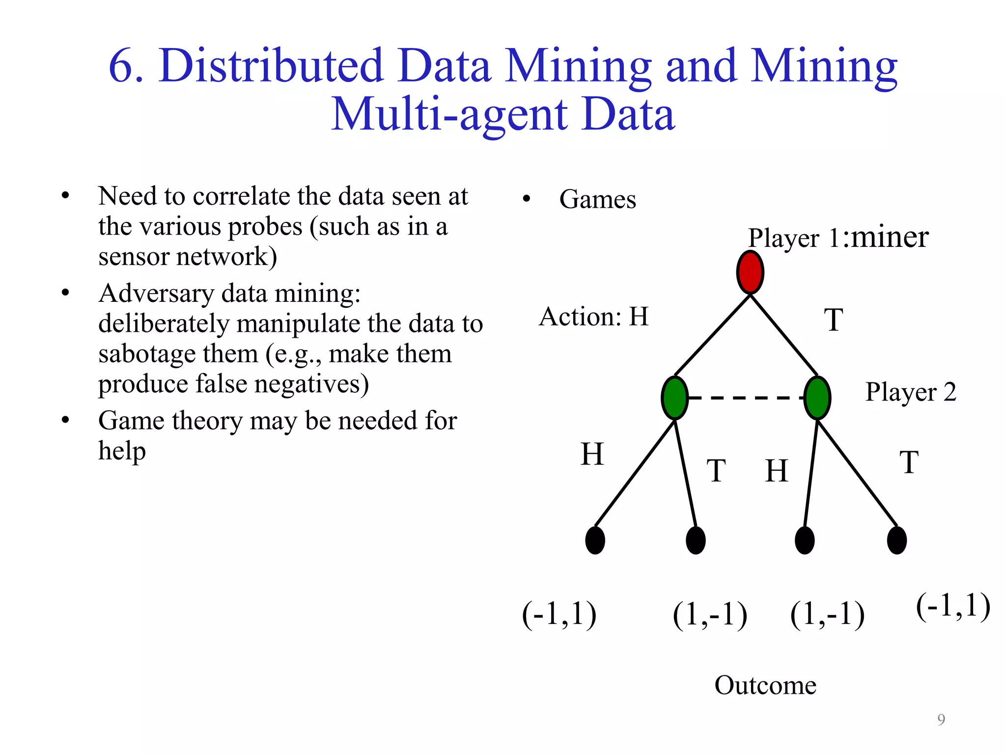 9
6. Distributed Data Mining and Mining
Multi-agent Data
• Need to correlate the data seen at
the various probes (such as in a
sensor network)
• Adversary data mining:
deliberately manipulate the data to
sabotage them (e.g., make them
produce false negatives)
• Game theory may be needed for
help
• Games
Player 1:miner
Player 2
Action: H
H
H
T
TT
(-1,1) (-1,1)(1,-1) (1,-1)
Outcome
 