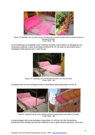 Figura 13: Bandeja com os cabos de aço (à esquerda) e operários segurando os cabos de aço da
bandeja (à direita).
Fonte: SESI – BA

A única diferença na instalação entre a bandeja primária e secundária é a utilização de um
corda para sustentar o peso da bandeja primária (FIG.14). No caso da secundária toda a
instalação é feita apenas com o cabo de aço.

Figura 14: Instalação da nova bandeja primária com uso de corda.
Fonte: SESI – BA

O aspecto final da nova bandeja primária e secundária está apresentado na FIG.15.

Figura15: Aspecto final da nova bandeja primária (à esquerda) e secundária (à direita).
Fonte: SESI – BA

A desmontagem das novas bandejas é executada, no mínimo, por três funcionários.
Inicialmente são retiradas as escoras metálicas e com a ajuda de dois operários, move-se a

10
Copyright © Serviço Brasileiro de Respostas Técnicas - SBRT - http://www.sbrt.ibict.br

 
