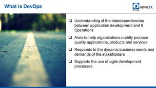 What is DevOps
5
Understanding of the interdependencies
between application development and It
Operations
Aims to help organizations rapidly produce
quality applications, products and services
Responds to the dynamic business needs and
demands of the stakeholders
Supports the use of agile development
processes
 
