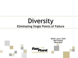 Diversity Eliminating Single Points of Failure MTUG: June 3, 2010 Bob Froberg Steve Buza 
