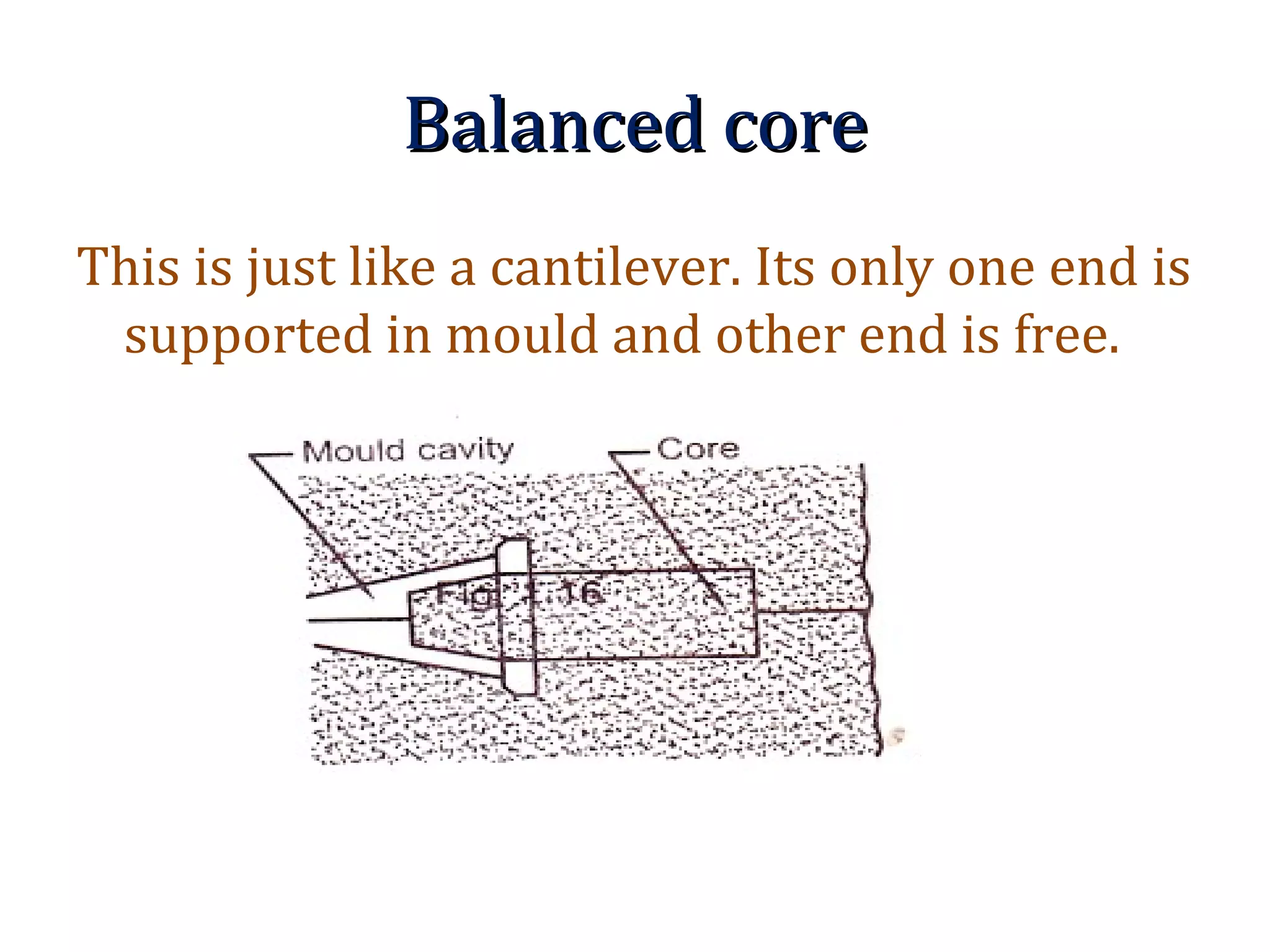 Balanced coreBalanced core
This is just like a cantilever. Its only one end is
supported in mould and other end is free.
 