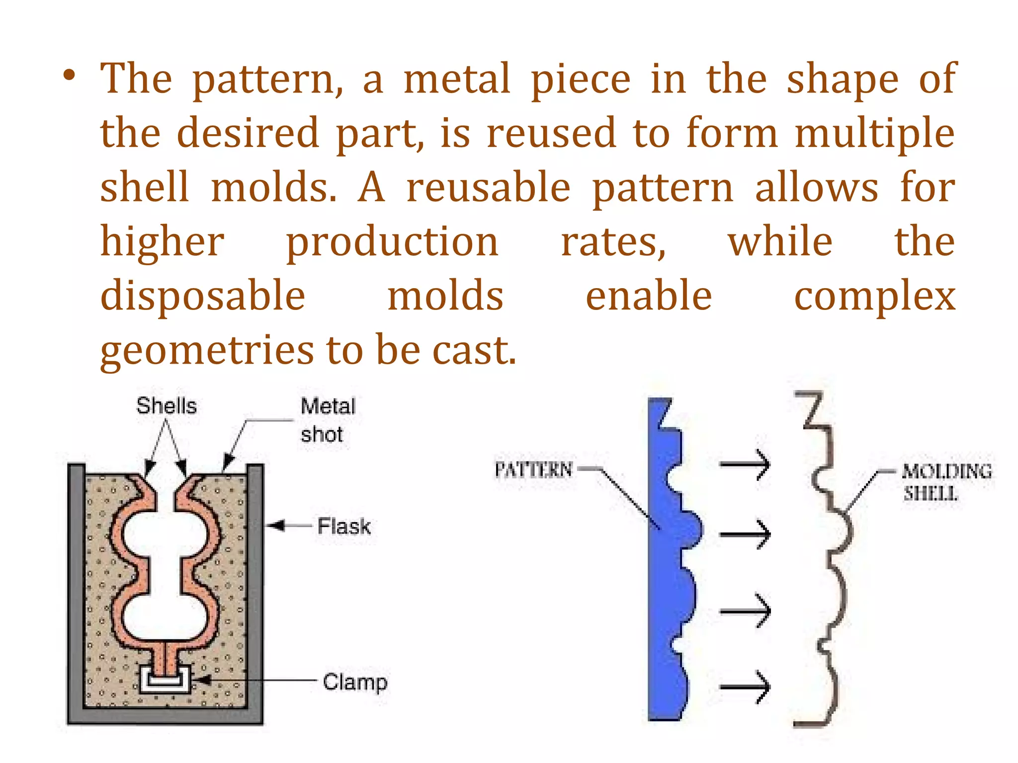 • The pattern, a metal piece in the shape of
the desired part, is reused to form multiple
shell molds. A reusable pattern allows for
higher production rates, while the
disposable molds enable complex
geometries to be cast.
 