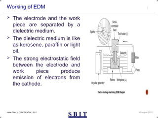 Working of EDM
 The electrode and the work
piece are separated by a
dielectric medium.
 The dielectric medium is like
as kerosene, paraffin or light
oil.
 The strong electrostatic field
between the electrode and
work piece produce
emission of electrons from
the cathode.
30 August 2023
<slide Title> | CONFIDENTIAL 2011
 