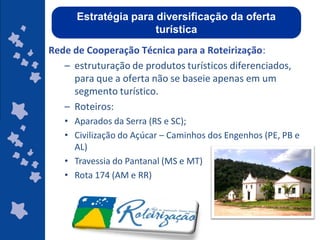 Estratégia para diversificação da oferta
    Fatores que Influenciam a Demanda
                         turística
Rede de Cooperação Técnica para a Roteirização:
   – estruturação de produtos turísticos diferenciados,
     para que a oferta não se baseie apenas em um
     segmento turístico.
   – Roteiros:
   • Aparados da Serra (RS e SC);
   • Civilização do Açúcar – Caminhos dos Engenhos (PE, PB e
     AL)
   • Travessia do Pantanal (MS e MT)
   • Rota 174 (AM e RR)



                                                ggggggggggggg
                                                gg
 