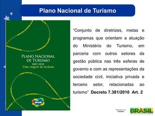 Plano Nacional de Turismo


          “Conjunto de diretrizes, metas e
          programas que orientam a atuação
          do   Ministério     do   Turismo,   em
          parceria com outros setores da
          gestão pública nas três esferas de
          governo e com as representações da
          sociedade civil, iniciativa privada e
          terceiro   setor,    relacionadas   ao
          turismo” Decreto 7.381/2010 Art. 2
 