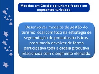 Modelos em Gestão do turismo focado em
         segmentos turísticos




   Desenvolver modelos de gestão do
turismo local com foco na estratégia de
  segmentação de produtos turísticos,
     procurando envolver de forma
 participativa toda a cadeia produtiva
relacionada com o segmento elencado.


                                ggggggggggggg
                                gg
 