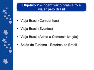 Objetivo 2 – Incentivar o brasileiro a
             viajar pelo Brasil


• Viaja Brasil (Campanhas)

• Viaja Brasil (Eventos)

• Viaja Brasil (Apoio à Comercialização)

• Salão do Turismo - Roteiros do Brasil




                                     ggggggggggggg
                                    ggggggggggggg
                                     gg
                                    gg
 