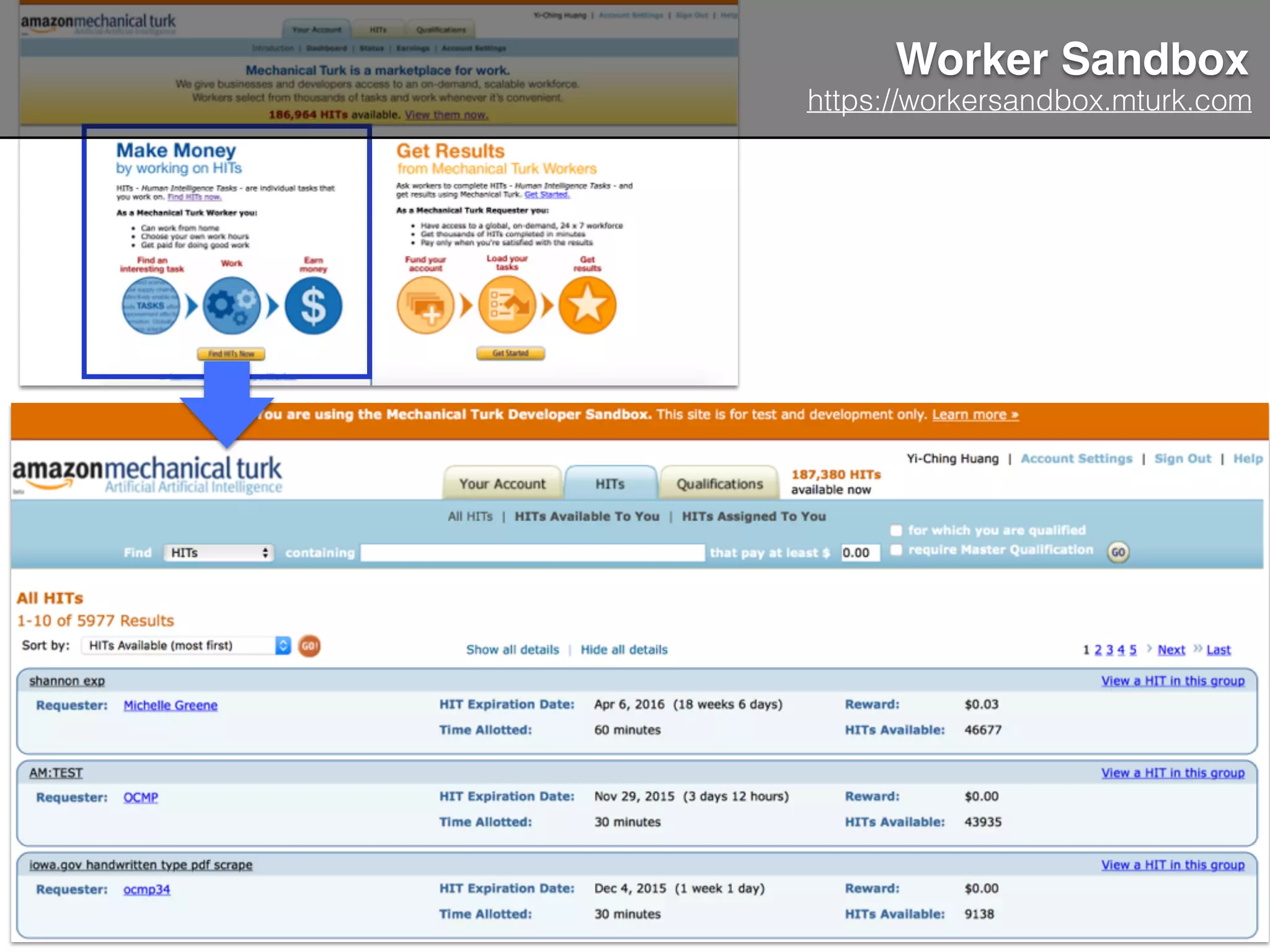 Worker Sandbox
https://workersandbox.mturk.com
 