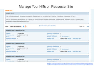 https://requestersandbox.mturk.com/mturk/manageHITs
Manage Your HITs on Requester Site
 