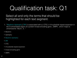 Qualiﬁcation task: Q1
Select all and only the terms that should be
highlighted for each text segment:
12
1. “Myotonic dystrophy ( DM ) is associated with a ( CTG ) n trinucleotide repeat expansion in
the 3-untranslated region of a protein kinase-encoding gene , DMPK , which maps to
chromosome 19q13 . 3 . ”
• Myotonic
• dystrophy
• Myotonic dystrophy
• DM
• CTG
• trinucleotide repeat expansion
• kinase-encoding gene
• DMPK
 