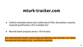 mturk-tracker.com
● Collects metadata about each visible batch (Title, description, rewards,
required qualifications, HITs available etc)
● Records batch progress (every ~20 minutes)
We note that the tracker reports data periodically only and does not reflect
fine-grained information (e.g., real-time variations)
11
 