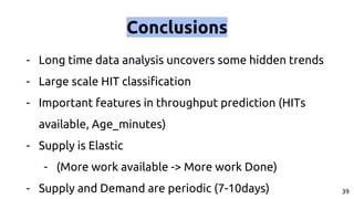Conclusions
- Long time data analysis uncovers some hidden trends
- Large scale HIT classification
- Important features in...