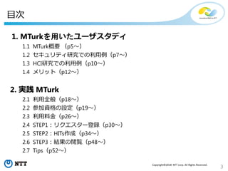 3
Copyright©2018 NTT corp. All Rights Reserved.
目次
1. MTurkを用いたユーザスタディ
1.1 MTurk概要 （p5～）
1.2 セキュリティ研究での利用例（p7～）
1.3 HCI研究での利用例（p10～）
1.4 メリット（p12～）
2. 実践 MTurk
2.1 利用全般（p18～）
2.2 参加資格の設定（p19～）
2.3 利用料金（p26～）
2.4 STEP1：リクエスター登録（p30～）
2.5 STEP2：HITs作成（p34～）
2.6 STEP3：結果の閲覧（p48～）
2.7 Tips（p52～）
 