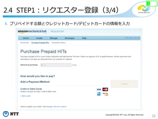 32
Copyright©2018 NTT corp. All Rights Reserved.
4. プリペイドする額とクレジットカード/デビットカードの情報を入力
2.4 STEP1：リクエスター登録（3/4）
 