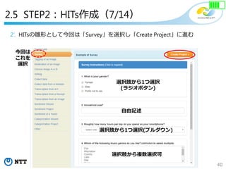 40
Copyright©2018 NTT corp. All Rights Reserved.
2’. HITsの雛形として今回は「Survey」を選択し「Create Project」に進む
選択肢から1つ選択
(ラジオボタン)
自由記述
選択肢から1つ選択(プルダウン)
選択肢から複数選択可
今回は
これを
選択
2.5 STEP2：HITs作成（7/14）
 