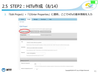 41
Copyright©2018 NTT corp. All Rights Reserved.
3. 「Edit Project」>「①Enter Properties」に遷移。ここでHITsの基本情報を入力
2.5 STEP2：HITs作成（8/14）
 