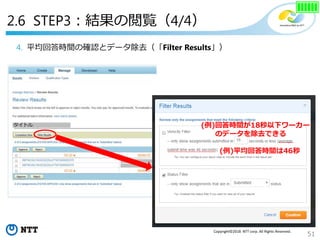 51
Copyright©2018 NTT corp. All Rights Reserved.
4. 平均回答時間の確認とデータ除去（「Filter Results」）
タイトル
(例)平均回答時間は46秒
(例)回答時間が18秒以下ワーカー
のデータを除去できる
2.6 STEP3：結果の閲覧（4/4）
 