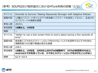 63
Copyright©2018 NTT corp. All Rights Reserved.
（参考）SOUPS2017採択論文におけるMTurk利用の詳細（1/2）
タイトル Diversify to Survive: Making Passwords Stronger with Adaptive Policies
調査内容 12種のパスワードポリシの下で参加者にパスワードを設定してもらい、生成され
たパスワードの強度を調査
参加人数 2619人
参加資格 18歳以上、US在住
報酬 ー
タイトル “better to use a lock screen than to worry about saving a few seconds of
time”…
調査内容 参加者にスマホのスクリーンロックをかけないリスクを説明するビデオを見せ、
視聴前後での行動や意識の変化を調査
参加人数 228人
参加資格 18歳以上、US在住、1000以上のHITsの経験有り、HITsの承認率95％以上、
Androidスマホを持っている、スマホにスクリーンロックをかけたことがない
報酬 $2.5～$3.5
 
