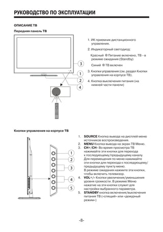 -8-­­
руководство по эксплуатации
ОПИСАНИЕ ТВ
Передняя панель ТВ
1. ИК приемник дистанционного 		
управления.
2. Индикаторный светодиод:
Красный Питание включено, ТВ - в 	
режиме ожидания (Standby)
Синий ТВ включен
3. Кнопки управления (см. раздел Кнопки 	
управления на корпусе ТВ).
4. Кнопка выключения питания (на 		
нижней части панели)
Кнопки управления на корпусе ТВ
1.	 SOURCE Кнопка вывода на дисплей меню	
	 источников воспроизведения.		
2.	 MENU Кнопка вывода на экран ТВ Меню.	
3.	 CH+/CH- Во время просмотра ТВ 		
	 нажимайте эти кнопки для перехода 		
	 к последующему/предыдущему каналу. 	
	 Для перемещения по меню нажимайте 	
	 эти кнопки для перехода к последующему/	
	 предыдущему пункту меню.			
	 В режиме ожидания нажмите эти кнопки, 	
	 чтобы включить телевизор.			
4.	 VOL+/- Кнопки увеличения/уменьшения	
	 уровня громкости. В режиме Меню		
	 нажатие на эти кнопки служит для		
	 настройки выбранного параметра.		
5.	 STANDBY кнопка включения/выключения	
	 питания ТВ («спящий» или «дежурный 	
	 режим»)
 