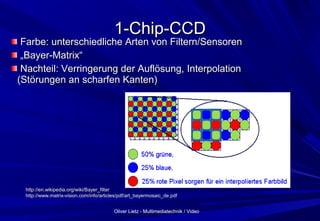 Oliver Lietz - Multimediatechnik / VideoOliver Lietz - Multimediatechnik / Video
1-Chip-CCD1-Chip-CCD
Farbe: unterschiedliche Arten von Filtern/SensorenFarbe: unterschiedliche Arten von Filtern/Sensoren
„„Bayer-Matrix“Bayer-Matrix“
Nachteil: Verringerung der Auflösung, InterpolationNachteil: Verringerung der Auflösung, Interpolation
(Störungen an scharfen Kanten)(Störungen an scharfen Kanten)
http://en.wikipedia.org/wiki/Bayer_filterhttp://en.wikipedia.org/wiki/Bayer_filter
http://www.matrix-vision.com/info/articles/pdf/art_bayermosaic_de.pdfhttp://www.matrix-vision.com/info/articles/pdf/art_bayermosaic_de.pdf
 